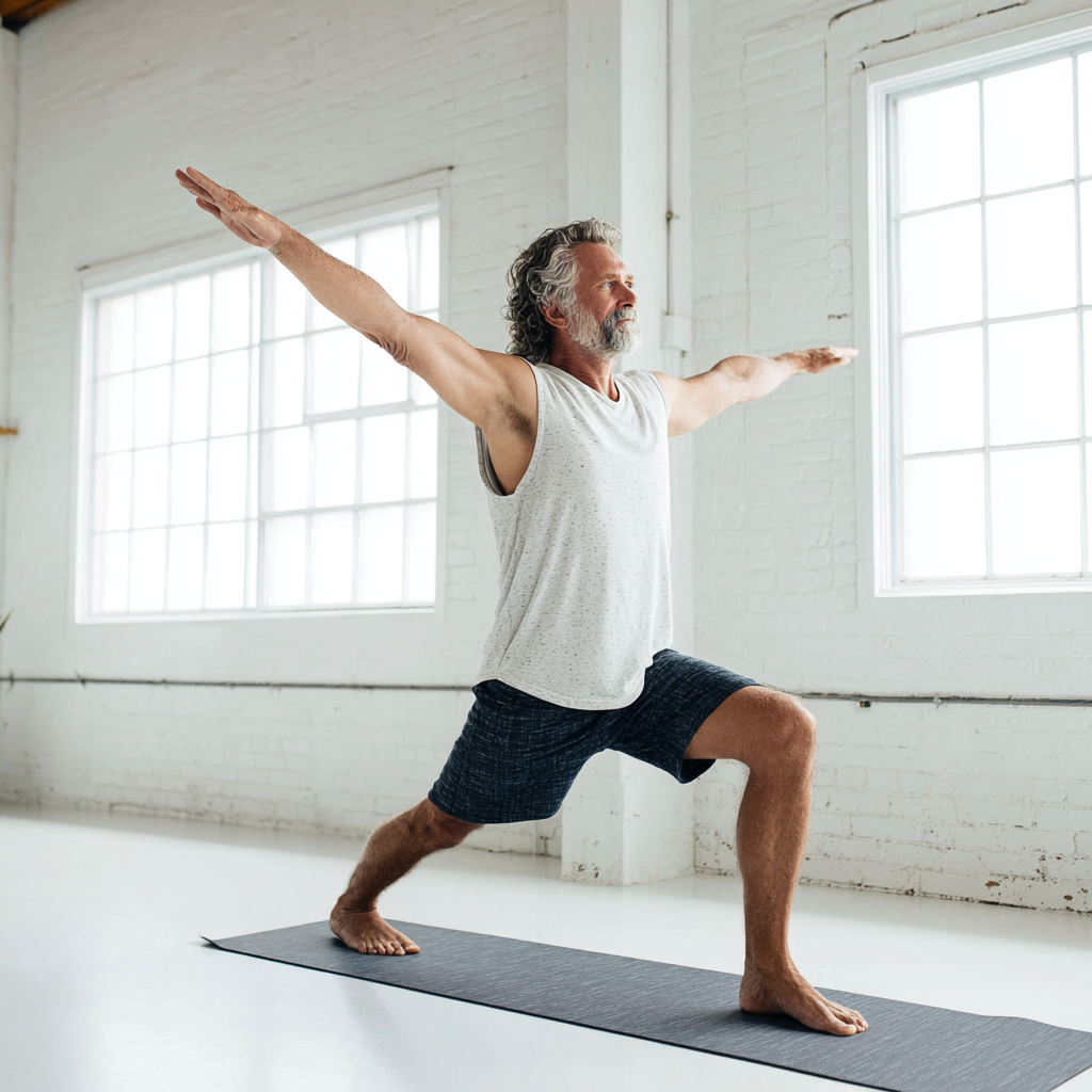 Middle-aged man doing yoga stretches in bright studio space
